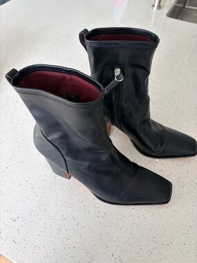 Black Mid-Calf Square-Toe Heeled Boots with Burgundy Lining - Franco Sarto